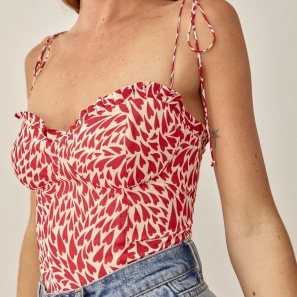 Reformation Novena Love top, red and white shirt with hearts